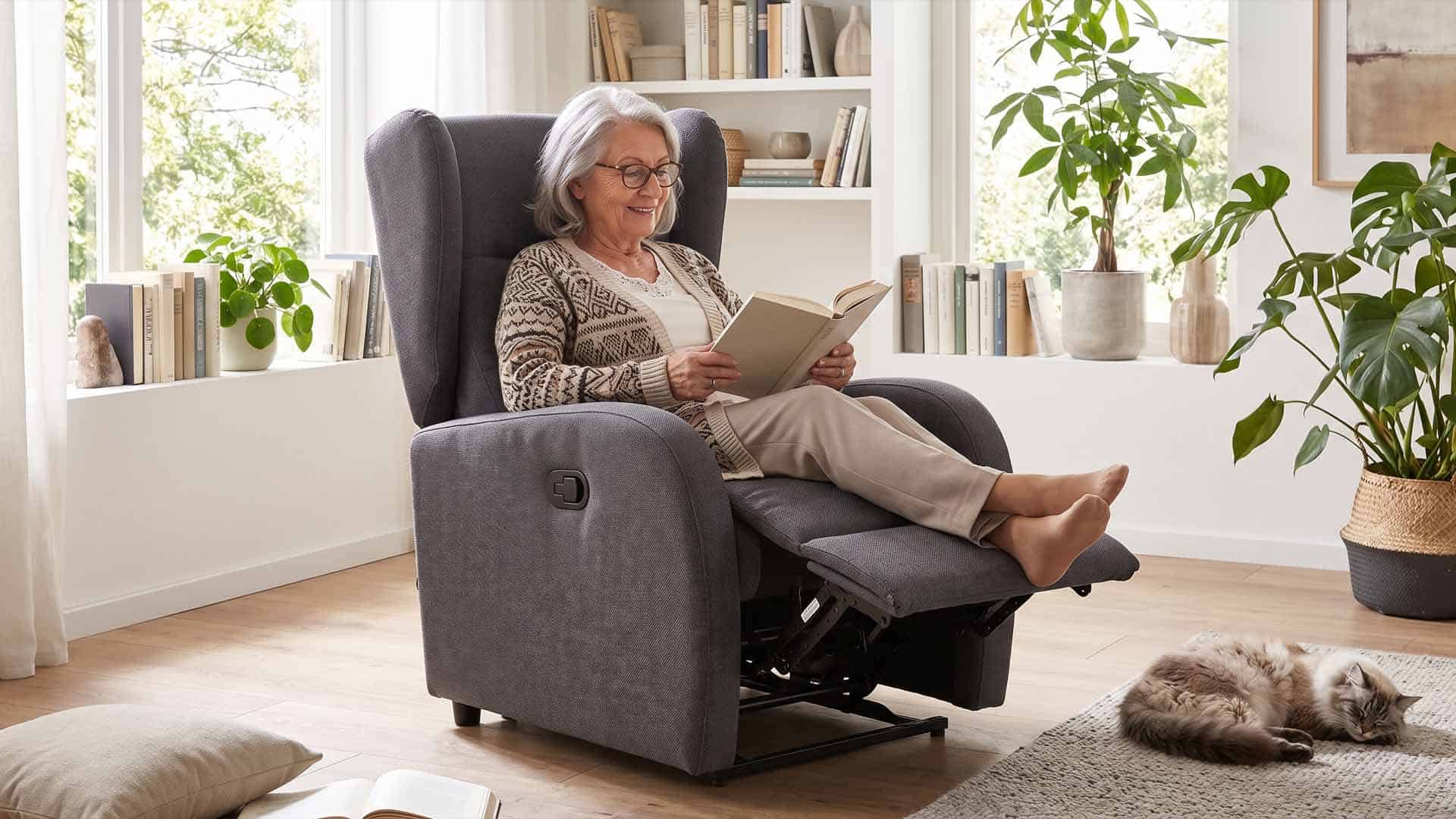 Una donna legge comodamente su una poltrona relax nel suo salotto luminoso